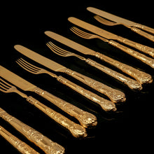 Load image into Gallery viewer, Antique Victorian Solid Silver Gilt Fruit/Dessert Knives & Forks Set of Six in Queens Pattern - Aaron Hadfield 1839 - Artisan Antiques