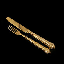 Load image into Gallery viewer, Antique Victorian Solid Silver Gilt Fruit/Dessert Knives & Forks Set of Six in Queens Pattern - Aaron Hadfield 1839 - Artisan Antiques
