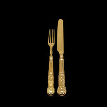 Load image into Gallery viewer, Antique Victorian Solid Silver Gilt Fruit/Dessert Knives & Forks Set of Six in Queens Pattern - Aaron Hadfield 1839 - Artisan Antiques