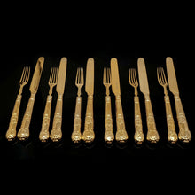 Load image into Gallery viewer, Antique Victorian Solid Silver Gilt Fruit/Dessert Knives & Forks Set of Six in Queens Pattern - Aaron Hadfield 1839 - Artisan Antiques