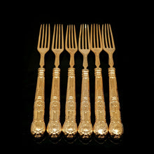 Load image into Gallery viewer, Antique Victorian Solid Silver Gilt Fruit/Dessert Knives & Forks Set of Six in Queens Pattern - Aaron Hadfield 1839 - Artisan Antiques