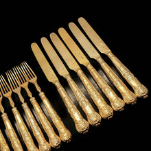 Load image into Gallery viewer, Antique Victorian Solid Silver Gilt Fruit/Dessert Knives & Forks Set of Six in Queens Pattern - Aaron Hadfield 1839 - Artisan Antiques