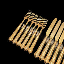 Load image into Gallery viewer, Antique Victorian Solid Silver Gilt Fruit/Dessert Knives & Forks Set of Six in Queens Pattern - Aaron Hadfield 1839 - Artisan Antiques
