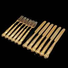 Load image into Gallery viewer, Antique Victorian Solid Silver Gilt Fruit/Dessert Knives & Forks Set of Six in Queens Pattern - Aaron Hadfield 1839 - Artisan Antiques