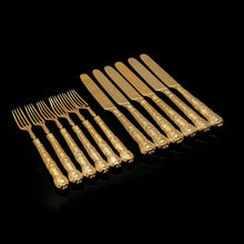 Load image into Gallery viewer, Antique Victorian Solid Silver Gilt Fruit/Dessert Knives & Forks Set of Six in Queens Pattern - Aaron Hadfield 1839 - Artisan Antiques