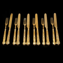 Load image into Gallery viewer, Antique Victorian Solid Silver Gilt Fruit/Dessert Knives & Forks Set of Six in Queens Pattern - Aaron Hadfield 1839 - Artisan Antiques