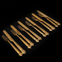 Load image into Gallery viewer, Antique Victorian Solid Silver Gilt Fruit/Dessert Knives & Forks Set of Six in Queens Pattern - Aaron Hadfield 1839 - Artisan Antiques