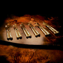 Load image into Gallery viewer, Antique Victorian Solid Silver Gilt Fruit/Dessert Knives & Forks Set of Six in Queens Pattern - Aaron Hadfield 1839 - Artisan Antiques