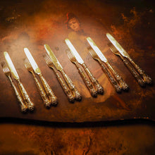 Load image into Gallery viewer, Antique Victorian Solid Silver Gilt Fruit/Dessert Knives & Forks Set of Six in Queens Pattern - Aaron Hadfield 1839 - Artisan Antiques