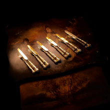 Load image into Gallery viewer, Antique Victorian Solid Silver Gilt Fruit/Dessert Knives & Forks Set of Six in Queens Pattern - Aaron Hadfield 1839 - Artisan Antiques