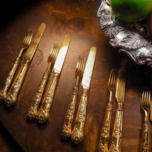 Load image into Gallery viewer, Antique Victorian Solid Silver Gilt Fruit/Dessert Knives & Forks Set of Six in Queens Pattern - Aaron Hadfield 1839 - Artisan Antiques