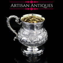 Load image into Gallery viewer, Antique Georgian Solid Sterling Silver Mug/Cup/Tankard with Embossed Dog/Rabbit Scene - Charles Price 1828 - Artisan Antiques