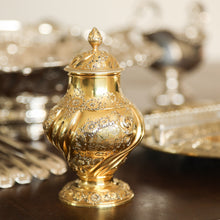 Load image into Gallery viewer, Antique Georgian Solid Silver Gilt Tea Caddy / Sugar Caster, Baronet Coat of Arms (Heathcote) - Samuel Taylor 1753