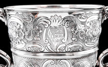 Load image into Gallery viewer, Antique Georgian Irish Solid Silver Large (1kg+) Two Handled Cup/Wine Cooler with Beautiful Floral Chasing - Dublin 1726
