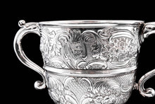 Load image into Gallery viewer, Antique Georgian Irish Solid Silver Large (1kg+) Two Handled Cup/Wine Cooler with Beautiful Floral Chasing - Dublin 1726