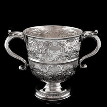 Load image into Gallery viewer, Antique Georgian Irish Solid Silver Large (1kg+) Two Handled Cup/Wine Cooler with Beautiful Floral Chasing - Dublin 1726
