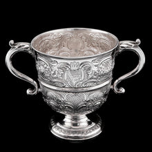 Load image into Gallery viewer, Antique Georgian Irish Solid Silver Large (1kg+) Two Handled Cup/Wine Cooler with Beautiful Floral Chasing - Dublin 1726