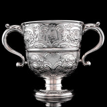 Load image into Gallery viewer, Antique Georgian Irish Solid Silver Large (1kg+) Two Handled Cup/Wine Cooler with Beautiful Floral Chasing - Dublin 1726