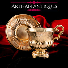 Load image into Gallery viewer, Antique Solid Silver Gilt Cup & Saucer with Fine Engravings - c.1880