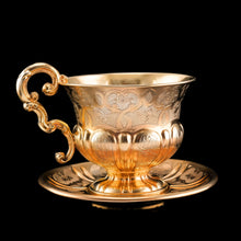 Load image into Gallery viewer, Antique Solid Silver Gilt Cup & Saucer with Fine Engravings - c.1880
