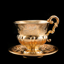 Load image into Gallery viewer, Antique Solid Silver Gilt Cup & Saucer with Fine Engravings - c.1880
