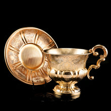 Load image into Gallery viewer, Antique Solid Silver Gilt Cup & Saucer with Fine Engravings - c.1880