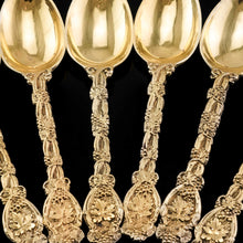 Load image into Gallery viewer, Antique Victorian Solid Silver Gilt Teaspoons with Magnificent Grape Vine Design - Charles Boyton 1883