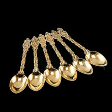 Load image into Gallery viewer, Antique Victorian Solid Silver Gilt Teaspoons with Magnificent Grape Vine Design - Charles Boyton 1883