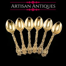 Load image into Gallery viewer, Antique Victorian Solid Silver Gilt Teaspoons with Magnificent Grape Vine Design - Charles Boyton 1883