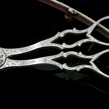 Load image into Gallery viewer, Antique Victorian Solid Silver Grape Scissors with Fine Engravings - John Gilbert 1865