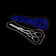 Load image into Gallery viewer, Antique Victorian Solid Silver Grape Scissors with Fine Engravings - John Gilbert 1865