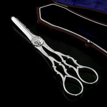 Load image into Gallery viewer, Antique Victorian Solid Silver Grape Scissors with Fine Engravings - John Gilbert 1865