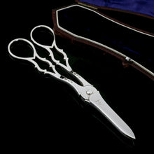 Load image into Gallery viewer, Antique Victorian Solid Silver Grape Scissors with Fine Engravings - John Gilbert 1865