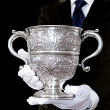 Load image into Gallery viewer, Antique Georgian Irish Solid Silver Large (1kg+) Two Handled Cup/Wine Cooler with Beautiful Floral Chasing - Dublin 1726