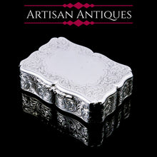 Load image into Gallery viewer, A Large Antique Victorian Solid Sterling Silver Table Snuff Box with Intricate Engravings - Edward Smith 1853