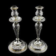 Load image into Gallery viewer, Magnificent Pair of Antique Solid Silver Parcel Gilt Candlesticks - c.1890s