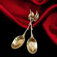 Load image into Gallery viewer, A Beautiful Pair of Antique Victorian Solid Silver Gilt Naturalistic Leaf Spoons - Sebastian Crespell 1842
