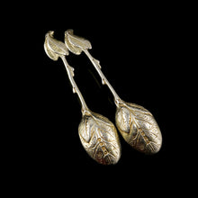 Load image into Gallery viewer, A Beautiful Pair of Antique Victorian Solid Silver Gilt Naturalistic Leaf Spoons - Sebastian Crespell 1842