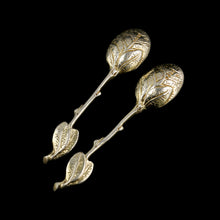 Load image into Gallery viewer, A Beautiful Pair of Antique Victorian Solid Silver Gilt Naturalistic Leaf Spoons - Sebastian Crespell 1842