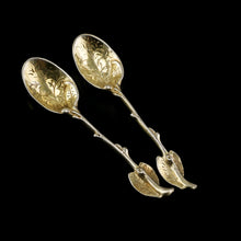 Load image into Gallery viewer, A Beautiful Pair of Antique Victorian Solid Silver Gilt Naturalistic Leaf Spoons - Sebastian Crespell 1842