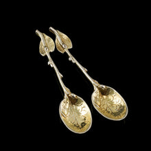 Load image into Gallery viewer, A Beautiful Pair of Antique Victorian Solid Silver Gilt Naturalistic Leaf Spoons - Sebastian Crespell 1842