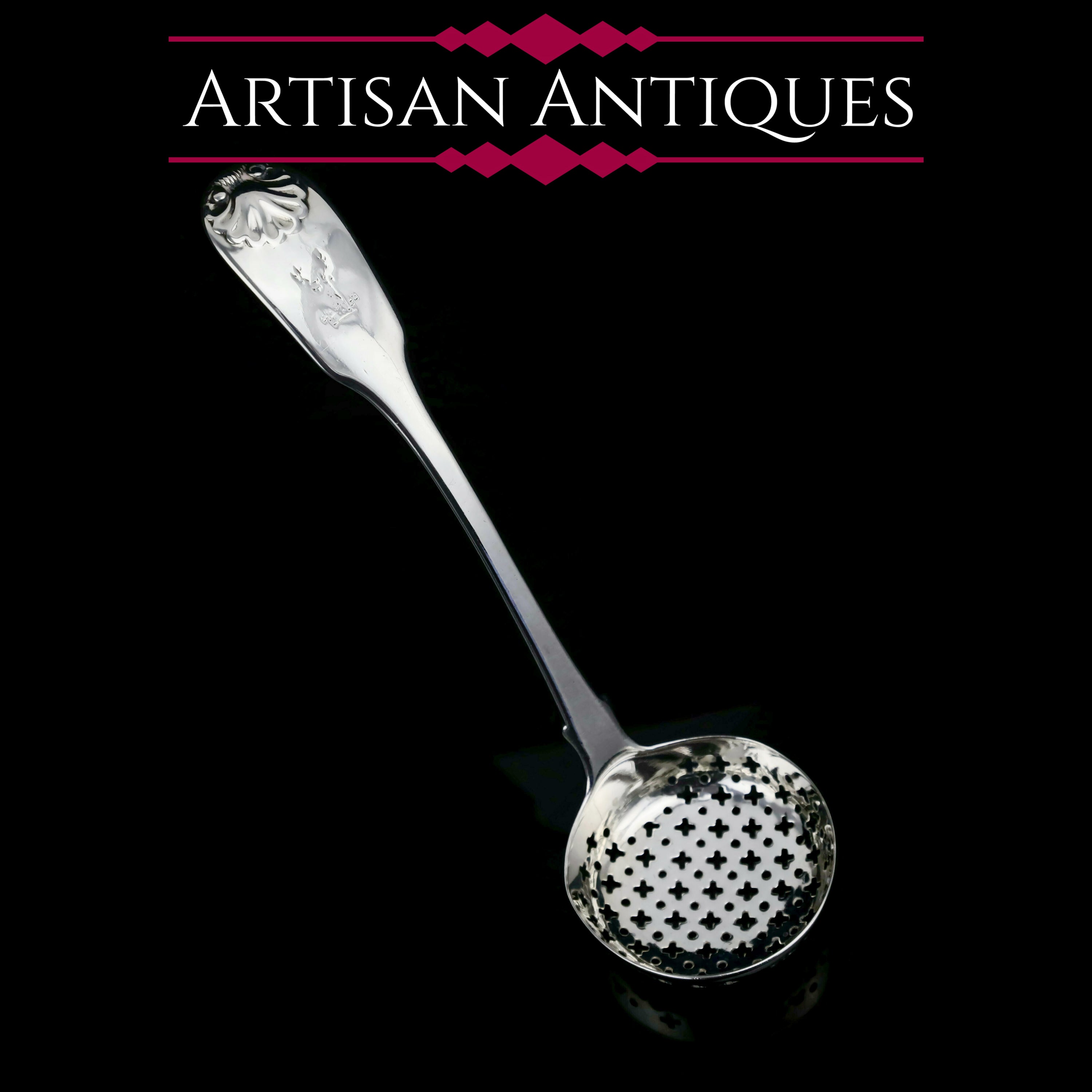 Antique Solid Silver Georgian Sugar Sifter Spoon with Crest