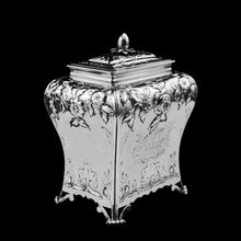 Load image into Gallery viewer, Antique Georgian Solid Sterling Silver Tea Caddy with Floral Embossed Design and Coat of Arms - Daniel Smith & Robert Sharp 1765