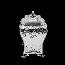 Load image into Gallery viewer, Antique Georgian Solid Sterling Silver Tea Caddy with Floral Embossed Design and Coat of Arms - Daniel Smith & Robert Sharp 1765