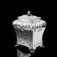 Load image into Gallery viewer, Antique Georgian Solid Sterling Silver Tea Caddy with Floral Embossed Design and Coat of Arms - Daniel Smith & Robert Sharp 1765