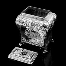 Load image into Gallery viewer, Antique Georgian Solid Sterling Silver Tea Caddy with Floral Embossed Design and Coat of Arms - Daniel Smith & Robert Sharp 1765