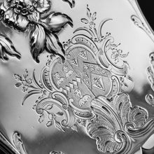 Load image into Gallery viewer, Antique Georgian Solid Sterling Silver Tea Caddy with Floral Embossed Design and Coat of Arms - Daniel Smith & Robert Sharp 1765