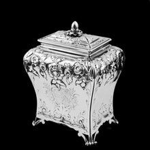Load image into Gallery viewer, Antique Georgian Solid Sterling Silver Tea Caddy with Floral Embossed Design and Coat of Arms - Daniel Smith & Robert Sharp 1765