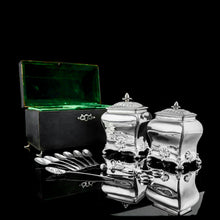 Load image into Gallery viewer, Antique Solid Silver Tea Caddy/Canister Set with Shagreen Box Case & Accessories - Peter (Pierre) Gillois 1759