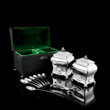 Load image into Gallery viewer, Antique Solid Silver Tea Caddy/Canister Set with Shagreen Box Case & Accessories - Peter (Pierre) Gillois 1759